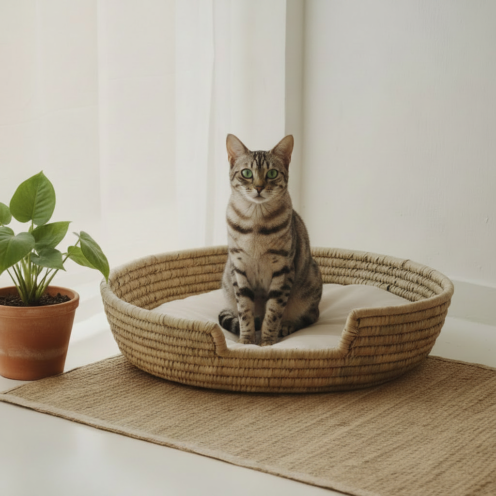 An orange and white cat sleeping in a round woven straw pet bed placed on a jute rug next to a potted plant.