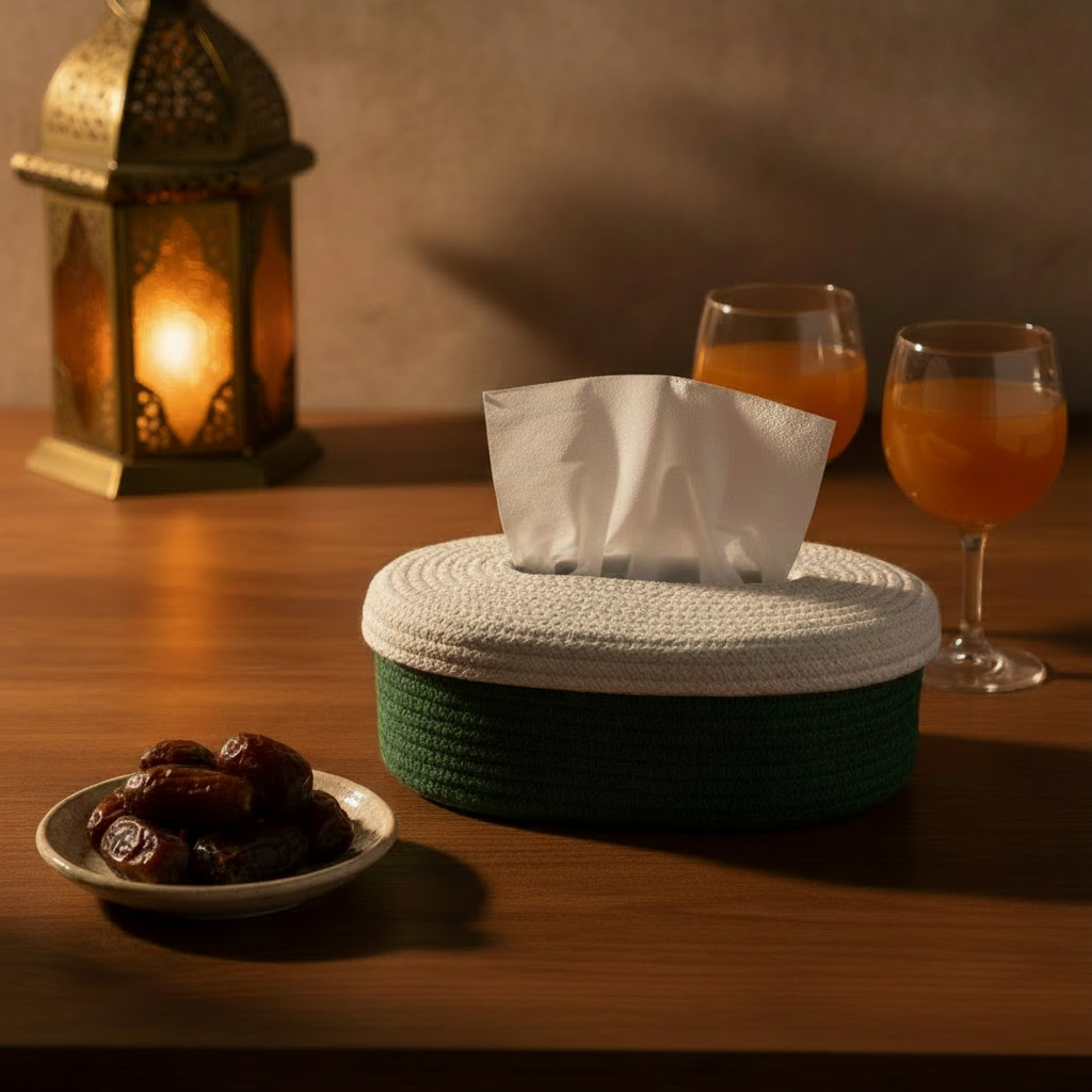A woven round tissue box cover sits on a wooden table, with white tissue paper partially extended from the top. The cover has a dark green lower section and a white upper section.