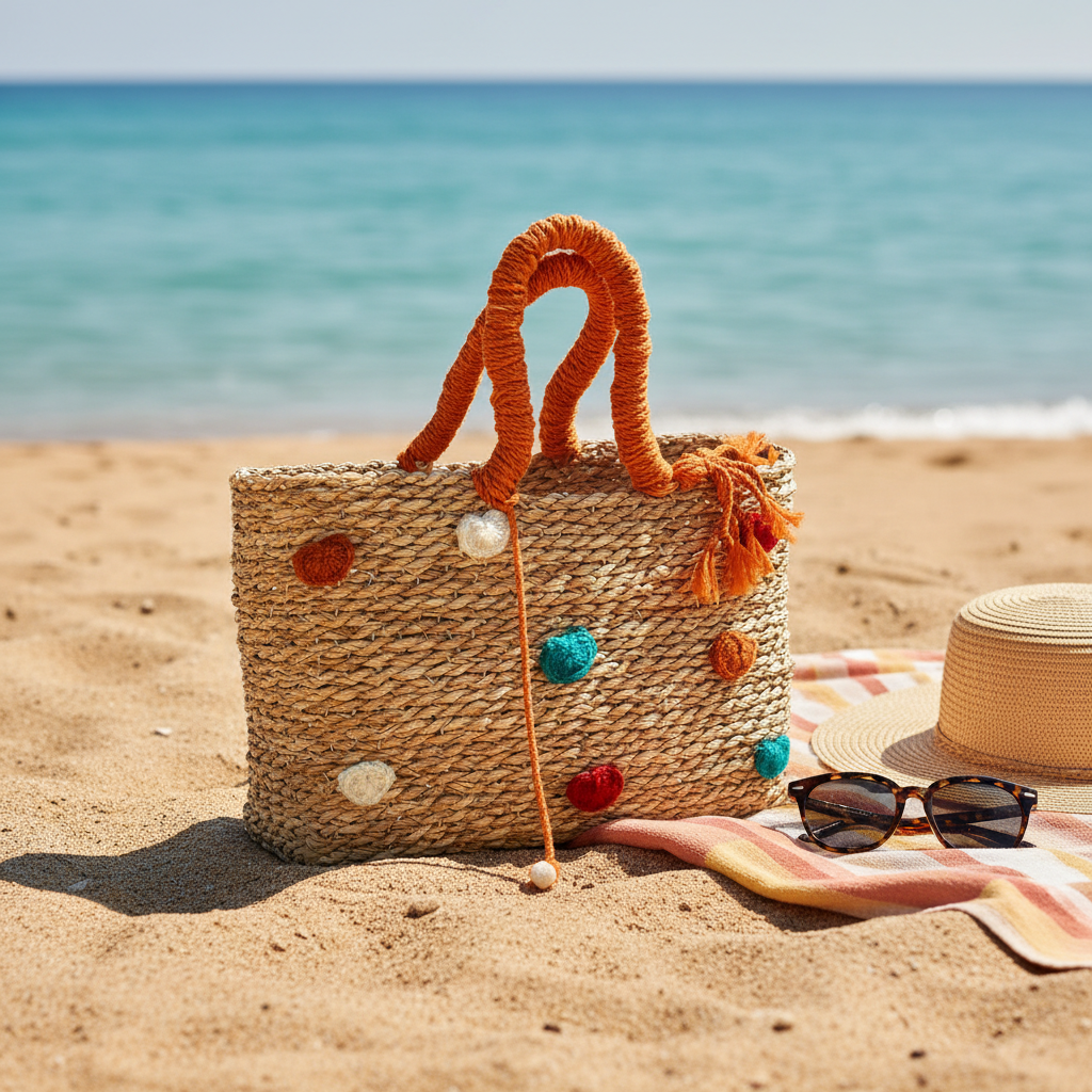 A woven straw beach tote bag with orange rope handles and colorful pom-pom accents sits on a sandy beach next to a striped towel, sunglasses, and a straw hat.