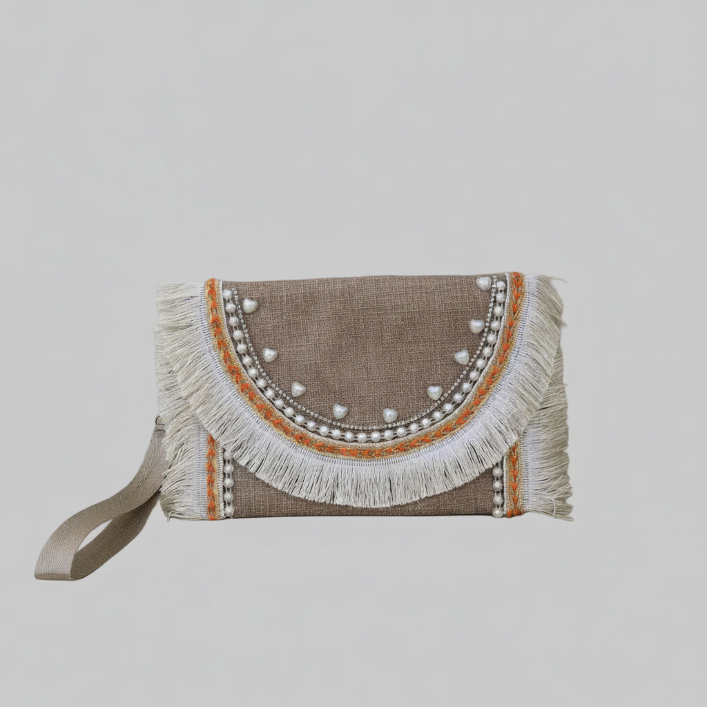 Boho embroidered fringe clutch by Khoos