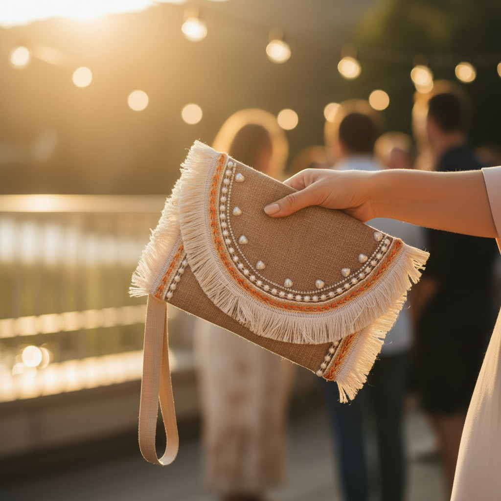 A hand holding a tan woven clutch bag with fringe trim and decorative bead details, photographed outdoors at sunset with blurred people and string lights in the background.