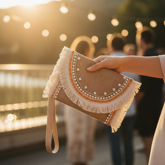 A hand holding a tan woven clutch bag with fringe trim and decorative bead details, photographed outdoors at sunset with blurred people and string lights in the background.