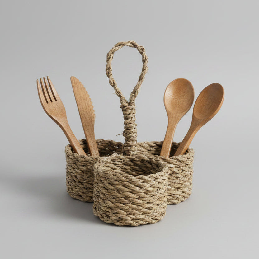 Hanging mini woven baskets on a braided loop by Khoos