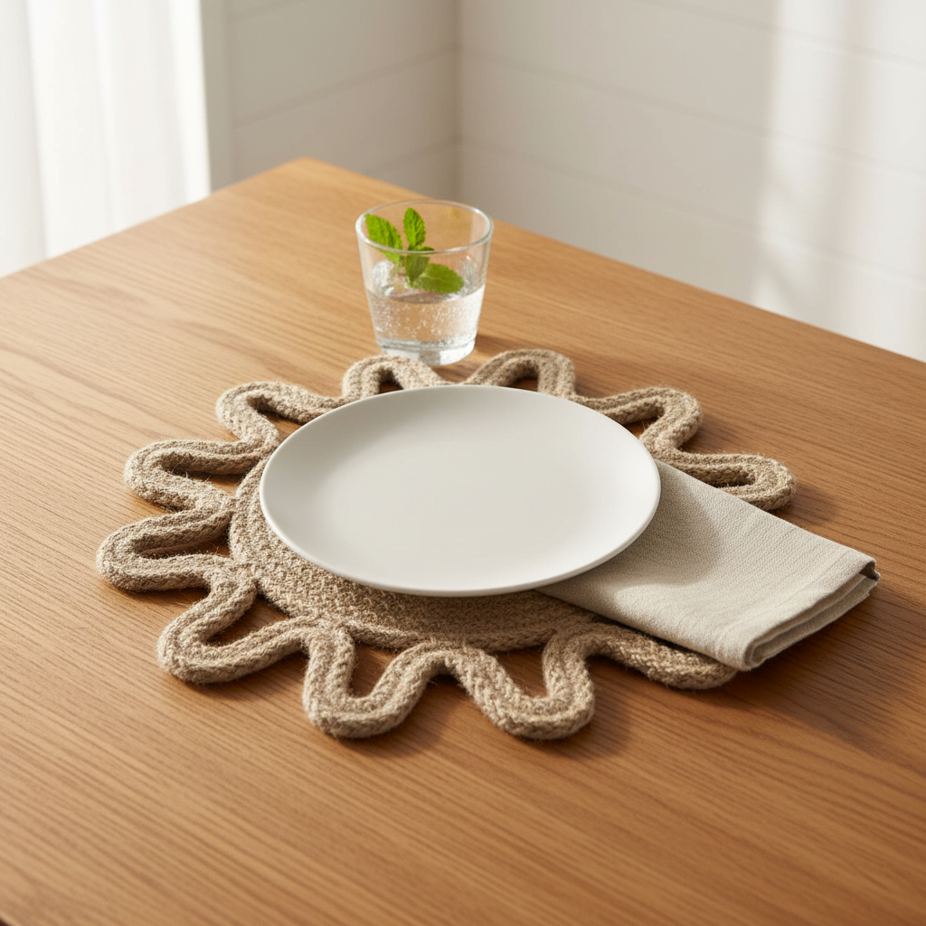 Sun-shaped jute placemat on a table setting — Khoos
