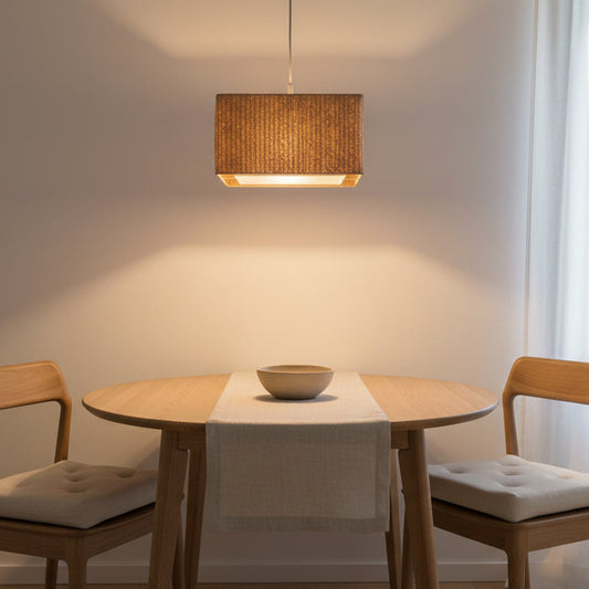 Square woven palm ceiling lamp, lit — Khoos