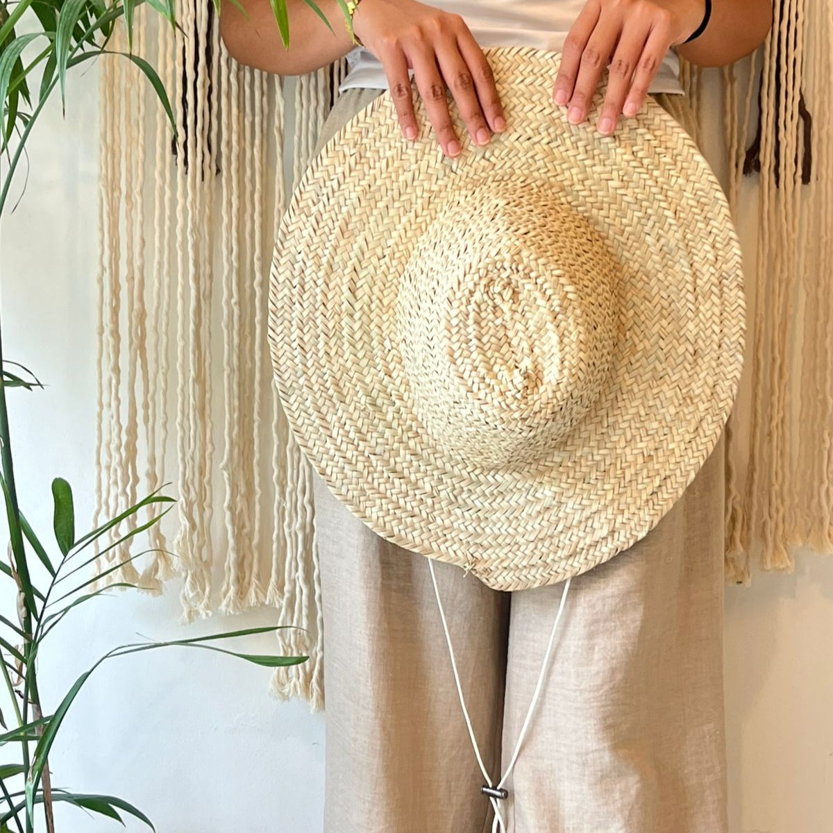 Woven hat with chin strap