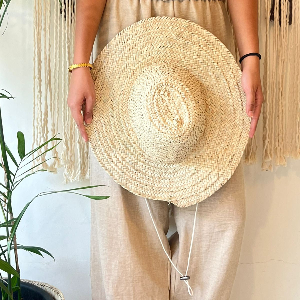 Woven hat with chin strap
