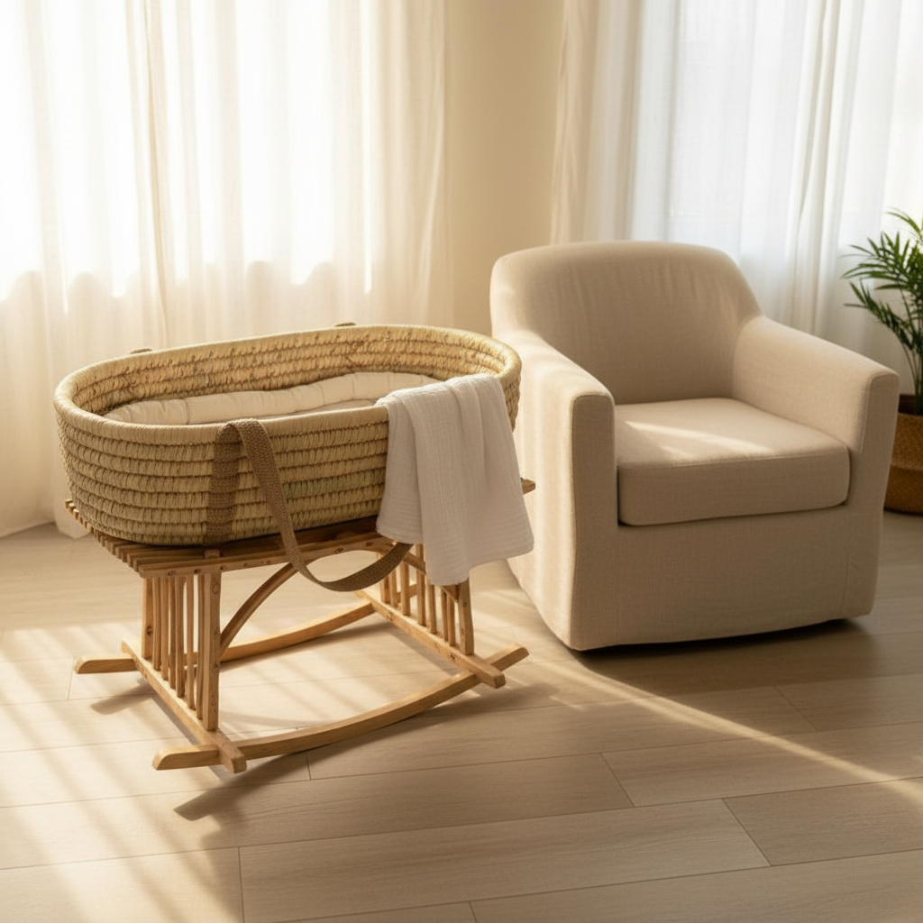 Handwoven palm baby moses basket, handmade in Egypt by Khoos