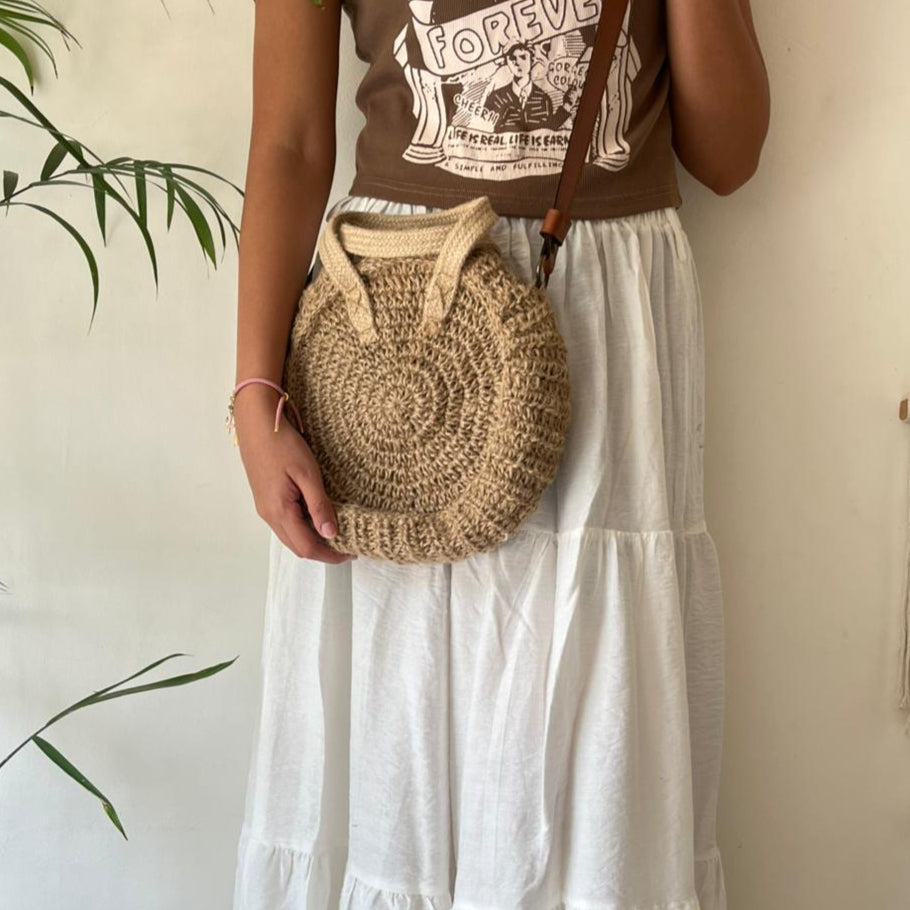 Shoulder / cross Jute bag with leather strap