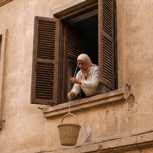 A woman in a white hijab and light jacket leans out of an open wooden window with shutters, holding a long pole that suspends a woven basket below the window on a warm beige stucco building.