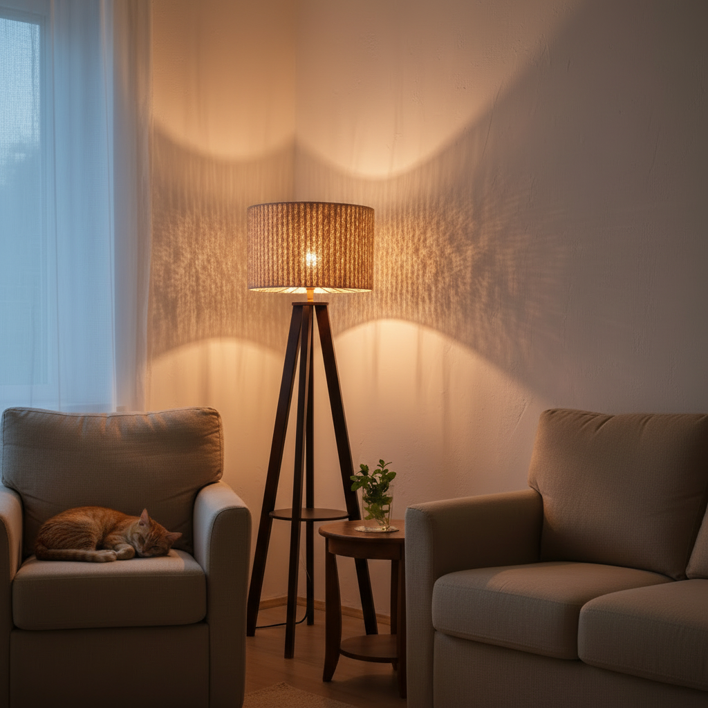 A warm floor lamp with a woven drum shade and tripod base stands between two beige armchairs in a softly lit living room corner.