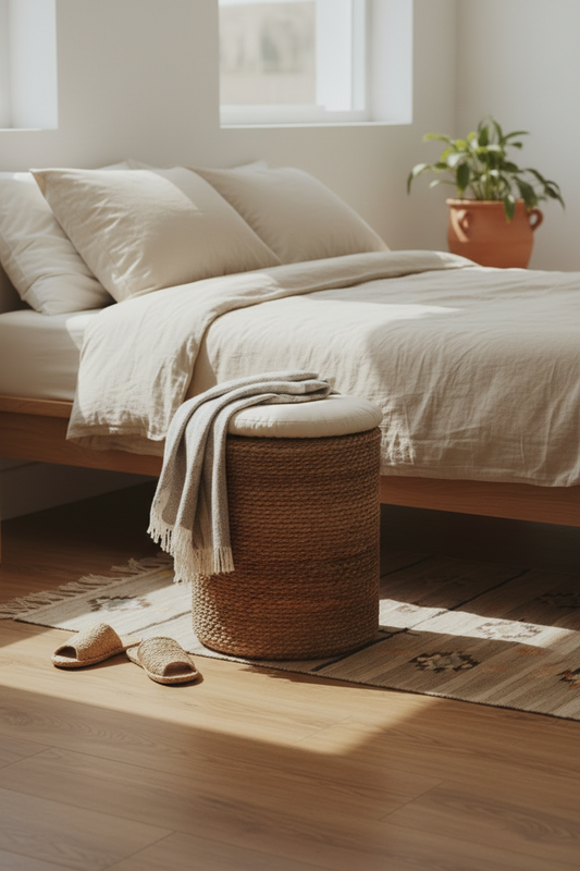 Halfa Rolled Comfort Stool at the foot of a bed with a linen throw over one edge in a sunlit Egyptian bedroom — Khoos