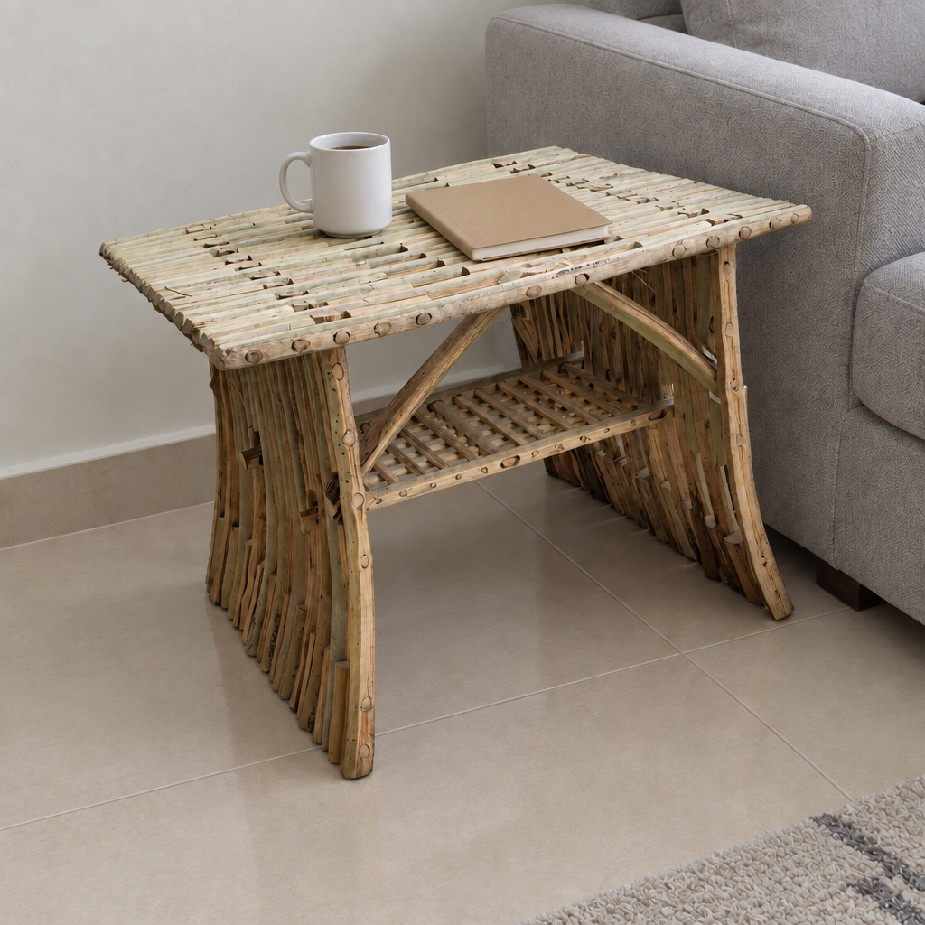 Al-Nakhaal palm midrib side table beside a grey sofa with a mug and notebook | Khoos