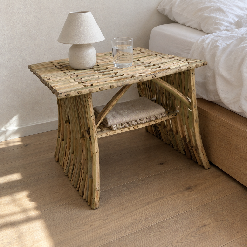 Palm midrib side table beside a low bed with a lamp, a glass of water and a folded throw | Khoos