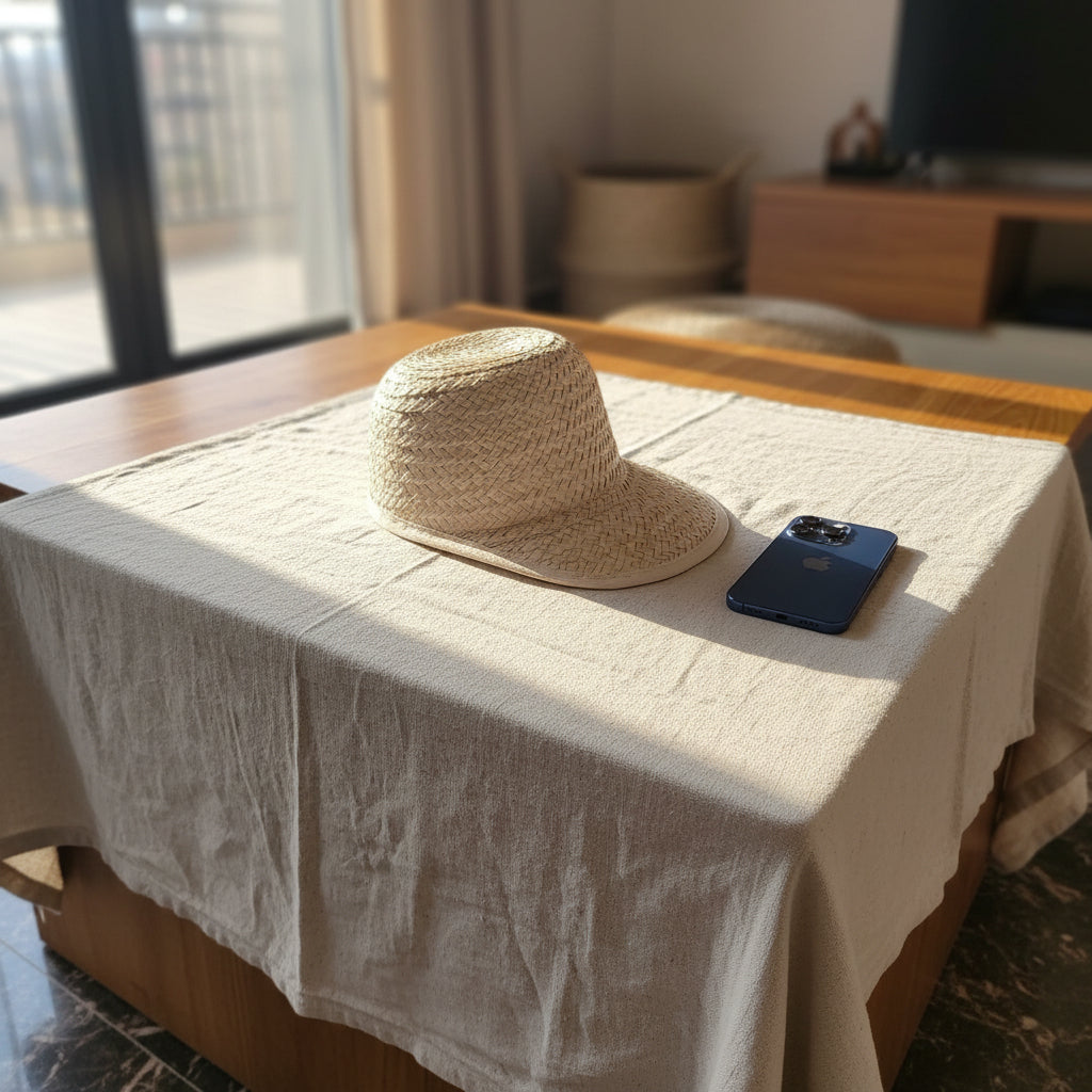 PALMERA handwoven palm leaves hat centred on clean white linen, natural window light and shadow, Cairo apartment — Khoos