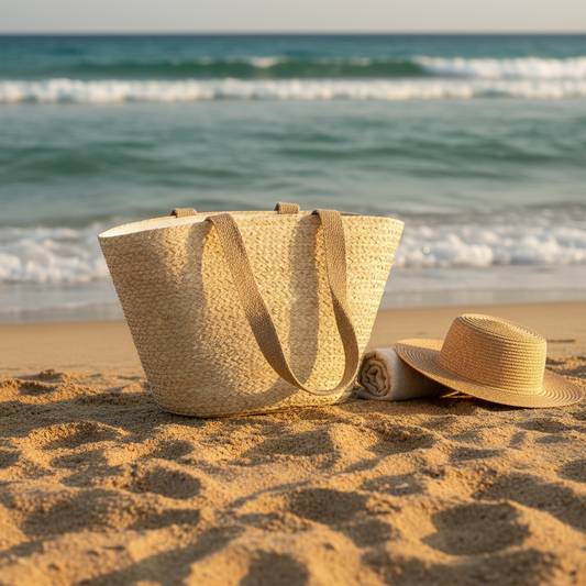 Plain woven beach tote standing on golden sand at the edge of the sea with a rolled towel and straw hat beside it — Khoos