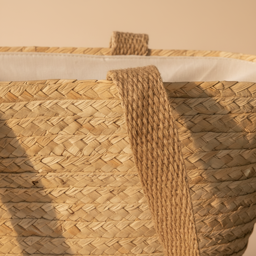Close-up of the woven handle join, palm strands and white cotton lining on the plain beach tote — Khoos