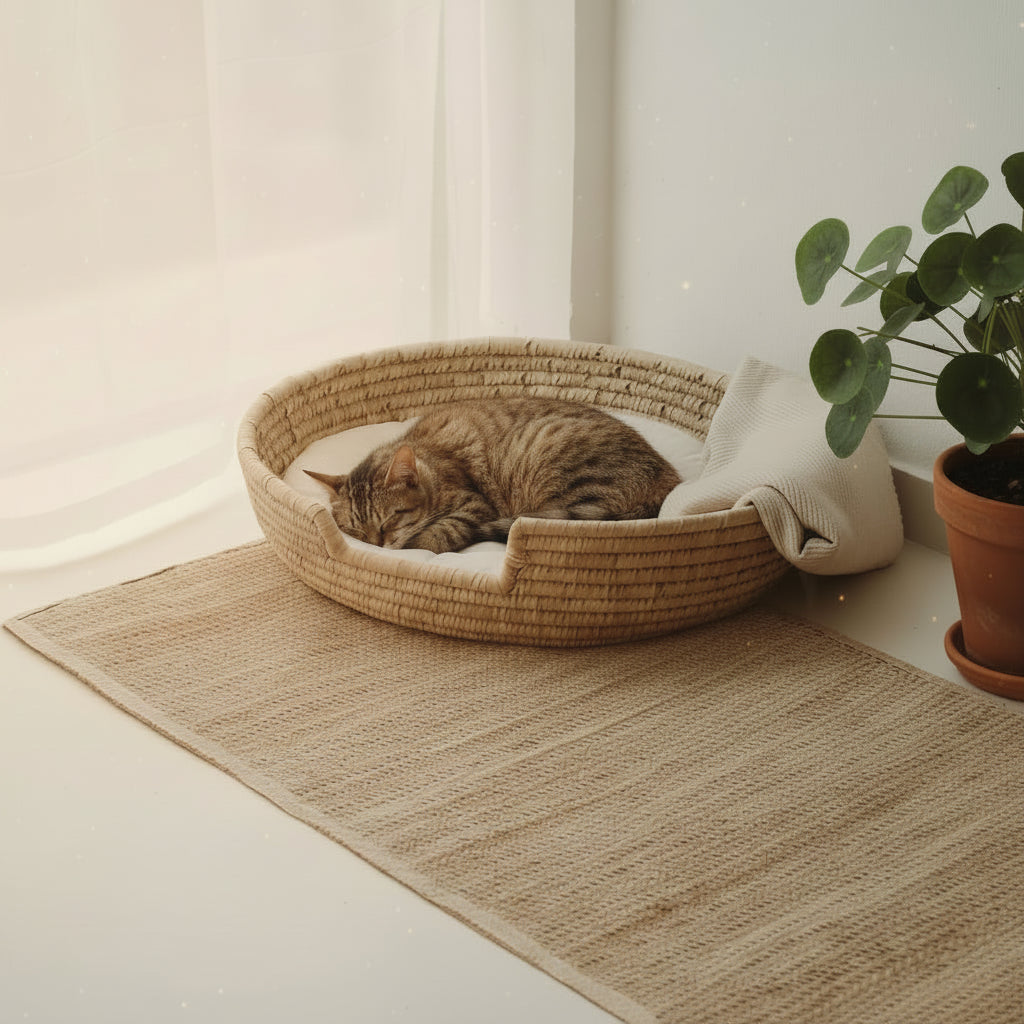 Puppy in a woven pet bed on a textured rug with a plant in the corner.