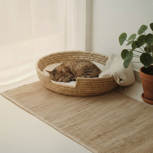 Puppy in a woven pet bed on a textured rug with a plant in the corner.