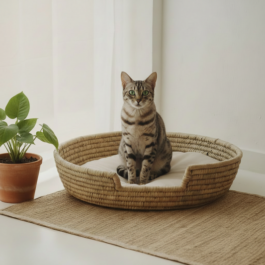 An orange and white cat sleeping in a round woven straw pet bed placed on a jute rug next to a potted plant.