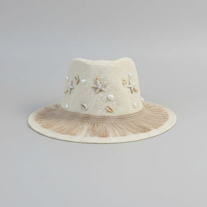 Beige Seaside fedora hat, styled view — Khoos