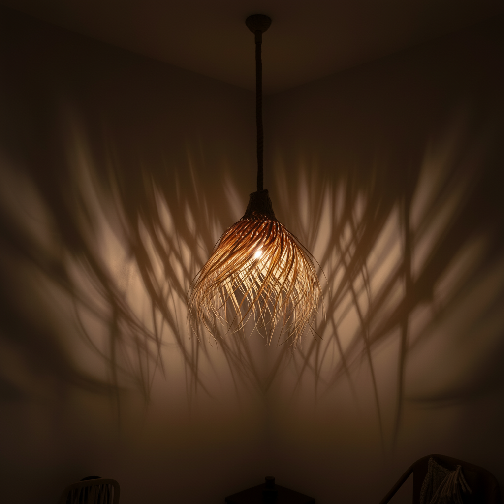 A hanging pendant light with a frayed, leaf-like shade made of natural woven material, glowing warmly against a dark wall that casts dramatic shadow patterns.
