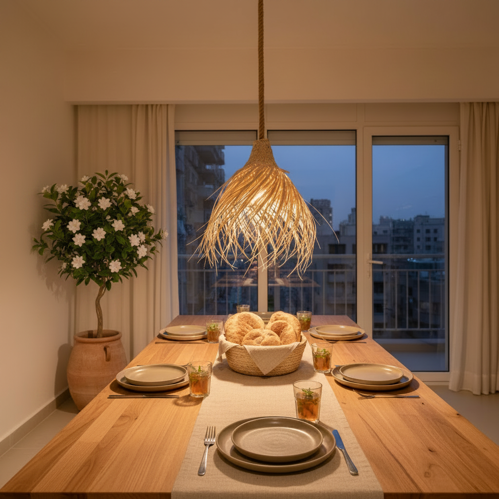 A warm, modern dining room setup featuring a large woven straw pendant light hanging over a wooden table set with plates, glasses, and a basket of bread. The background shows a large window with a city view at dusk.