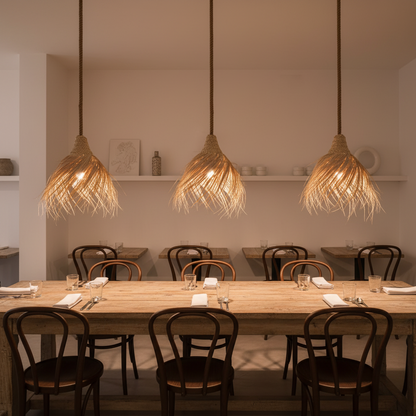 Three woven natural-fiber pendant lights hang over a long wooden dining table set with chairs in a softly lit restaurant or cafe interior.