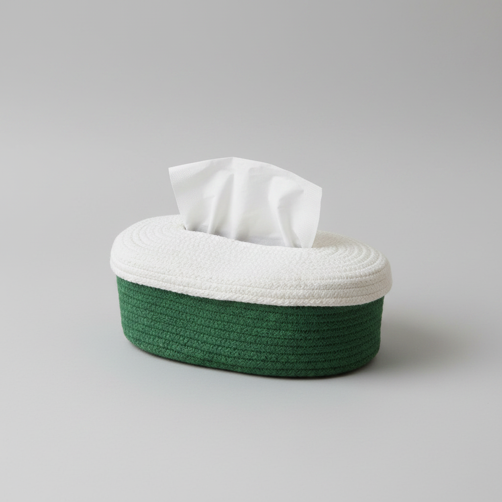 An oval tissue box cover with a woven dark green base and a white top, with white tissue paper protruding from the top, photographed on a neutral gray background.