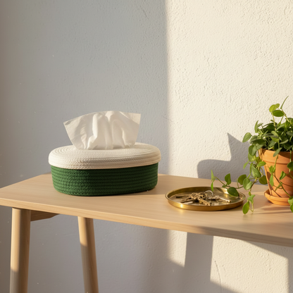 A woven storage basket with a cream top and dark green base sits on a light wood console table in a sunlit room, alongside a small gold tray and a potted trailing plant against a textured white wall.