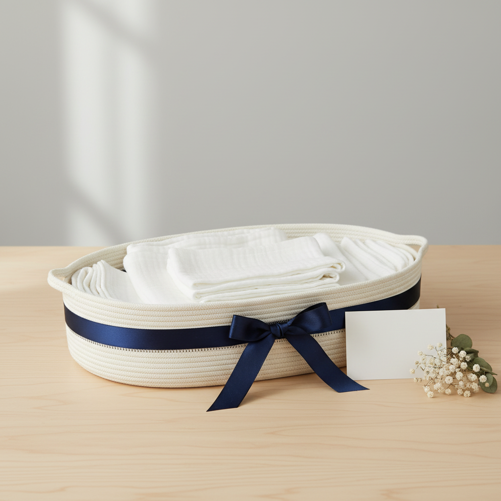 A cream woven gift basket with a navy blue ribbon tied in a bow, containing folded white textiles, set on a light wood tabletop with a blank card and small baby's breath flowers beside it.