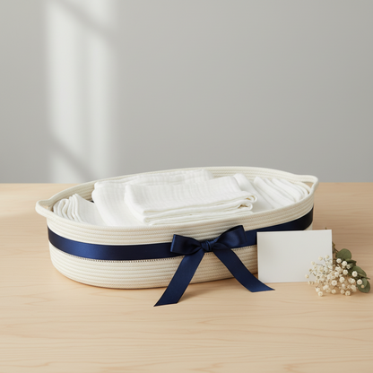 A cream woven gift basket with a navy blue ribbon tied in a bow, containing folded white textiles, set on a light wood tabletop with a blank card and small baby's breath flowers beside it.