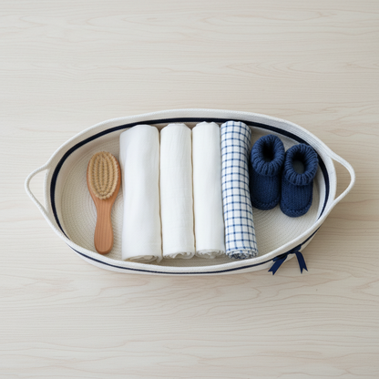A white oval baby storage basket with dark blue trim, filled with baby items including two rolled white muslin cloths, one blue-and-white gingham cloth, a wooden baby hairbrush, and a pair of navy blue knit booties, all arranged on a light wood surface.