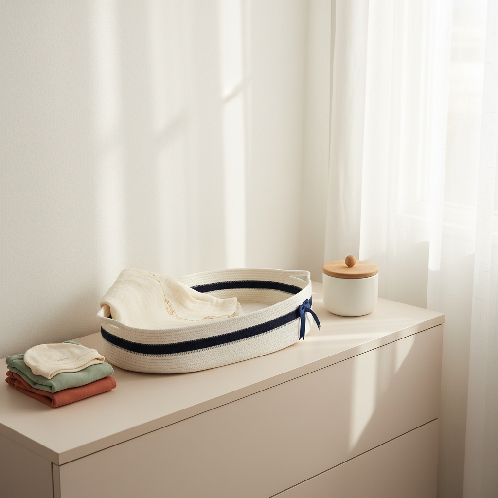 A woven baby bassinet with navy blue trim and a blue ribbon tie sits on a cream dresser in a softly lit nursery. A folded cream cloth, a small white jar with a wooden lid, and folded blankets are arranged nearby.