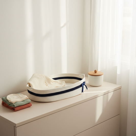 A woven baby bassinet with navy blue trim and a blue ribbon tie sits on a cream dresser in a softly lit nursery. A folded cream cloth, a small white jar with a wooden lid, and folded blankets are arranged nearby.