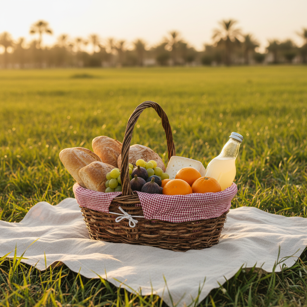 A wicker picnic basket filled with bread, grapes, oranges, and a glass bottle of juice, set on a white blanket in a grassy field at sunset.