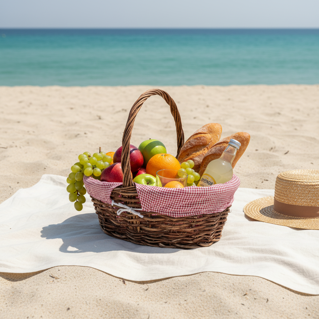 A woven picnic basket filled with fruit, bread, and a bottle, set on a white blanket on a sandy beach with the ocean in the background. A straw hat rests to the right.