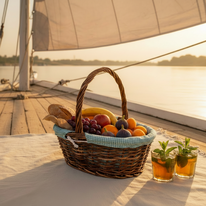A wicker picnic basket filled with fruit and bread, set on a table beside two glasses of iced tea on a boat deck with water and a sail visible in the background.
