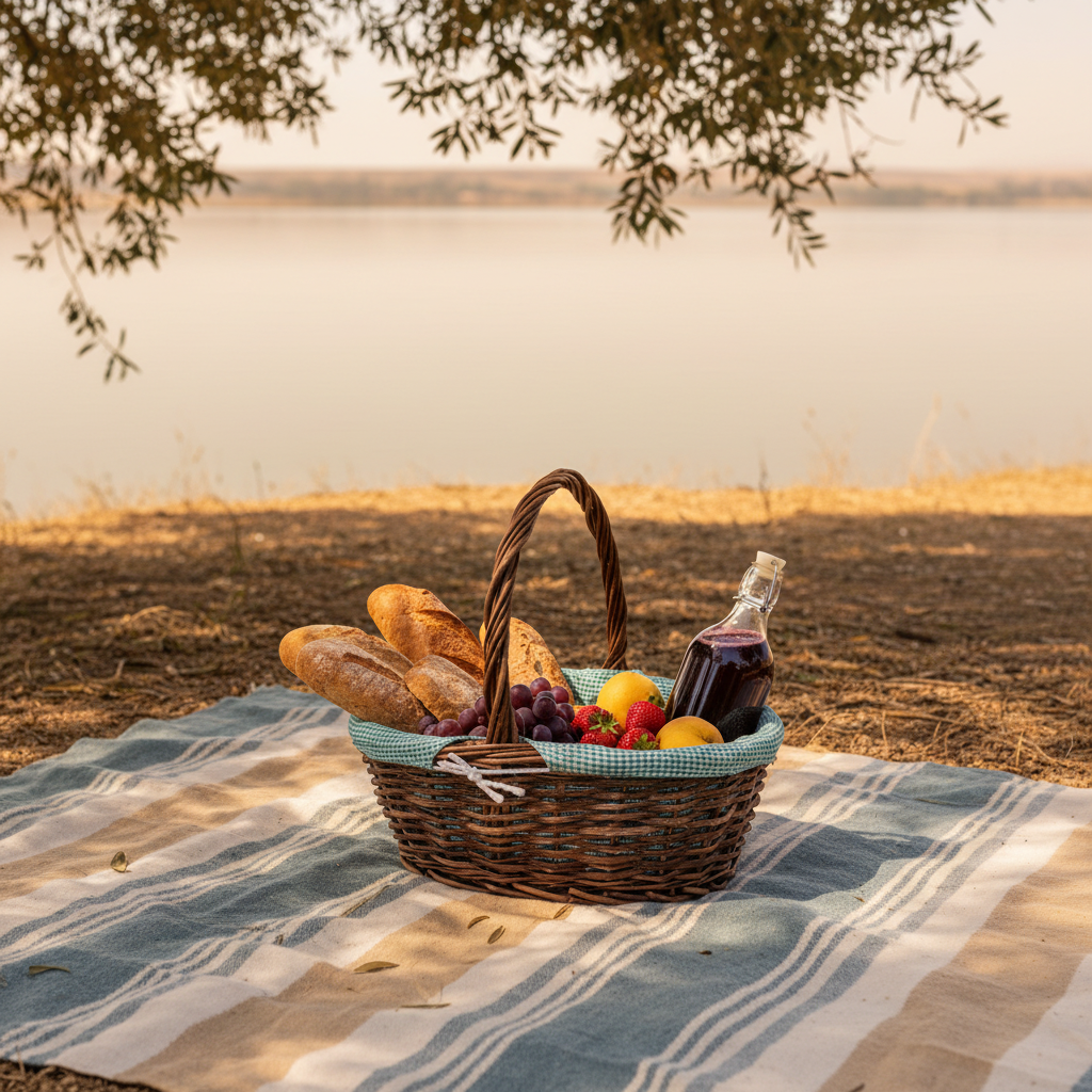 A wicker picnic basket filled with bread, grapes, fruit, and a bottle of red wine sits on a striped blue, beige, and white blanket on dry ground, with a lake and tree branches in the background.