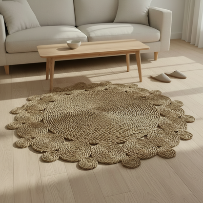 A round natural jute rug with a scalloped edge pattern, styled on a light wood floor in a modern living room setting with a sofa, coffee table, and slippers.