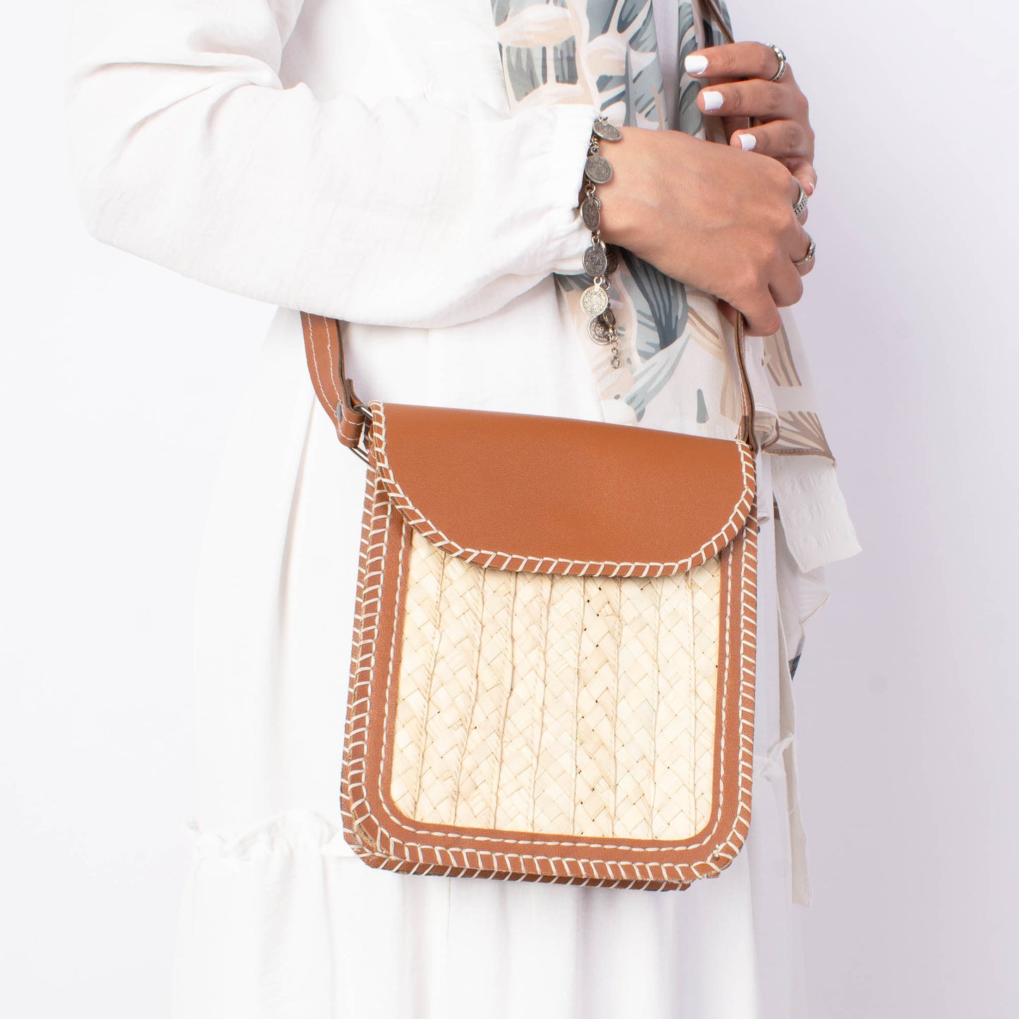 Leather x palm leaves cross bag