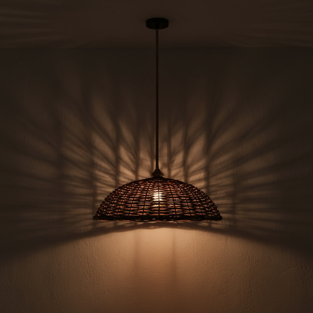 A woven wicker pendant light hangs from a black ceiling canopy, casting dramatic leaf-like shadows across a textured beige wall when lit from within.