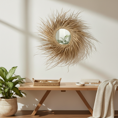 A round mirror with a sunburst frame made of natural woven reed or straw, mounted on a light beige wall above a wooden console table with a woven tray and small dish.