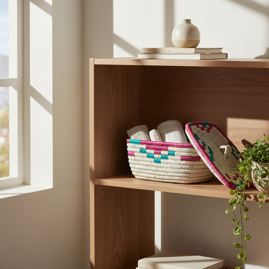 Colored rectangular woven palm basket, handmade in Egypt by Khoos