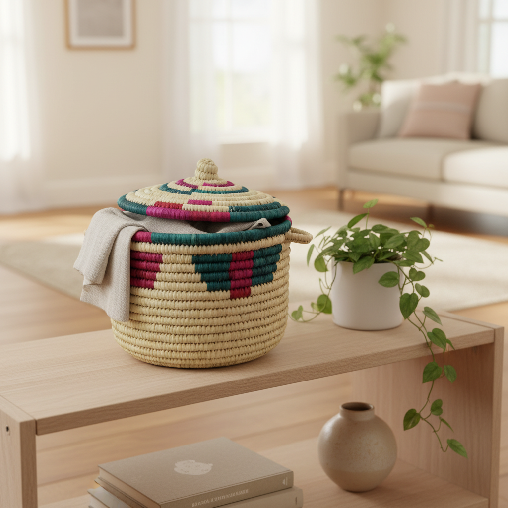 Round colored woven palm basket, handmade in Egypt by Khoos
