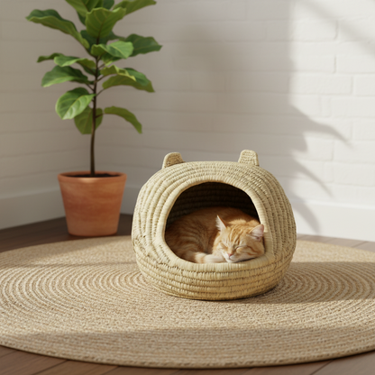 A sleeping orange tabby cat rests inside a round woven straw pet bed with cat-ear details, placed on a round woven rug in a bright room with a potted plant and white brick wall.
