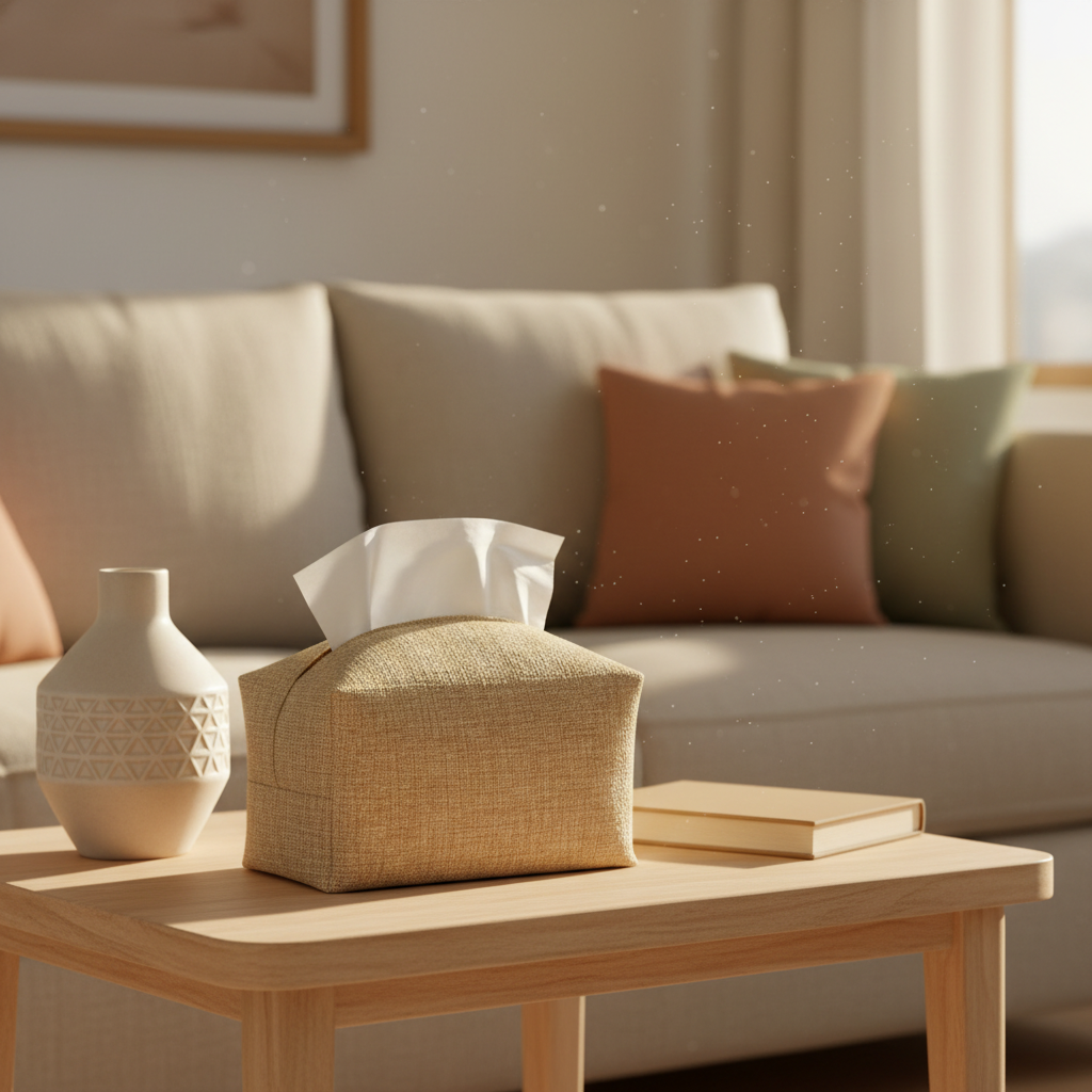 Jute tissue box cover styled in a room — Khoos