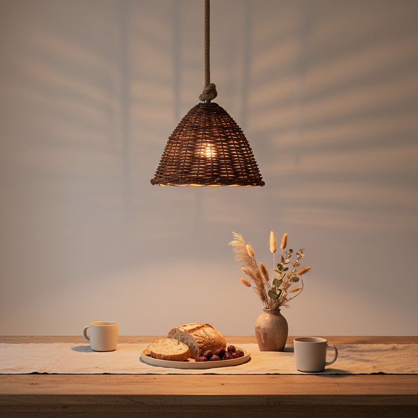 A woven wicker pendant light hangs over a wooden dining table in a warm, softly lit room. The light casts leaf-like shadows on the wall behind it.