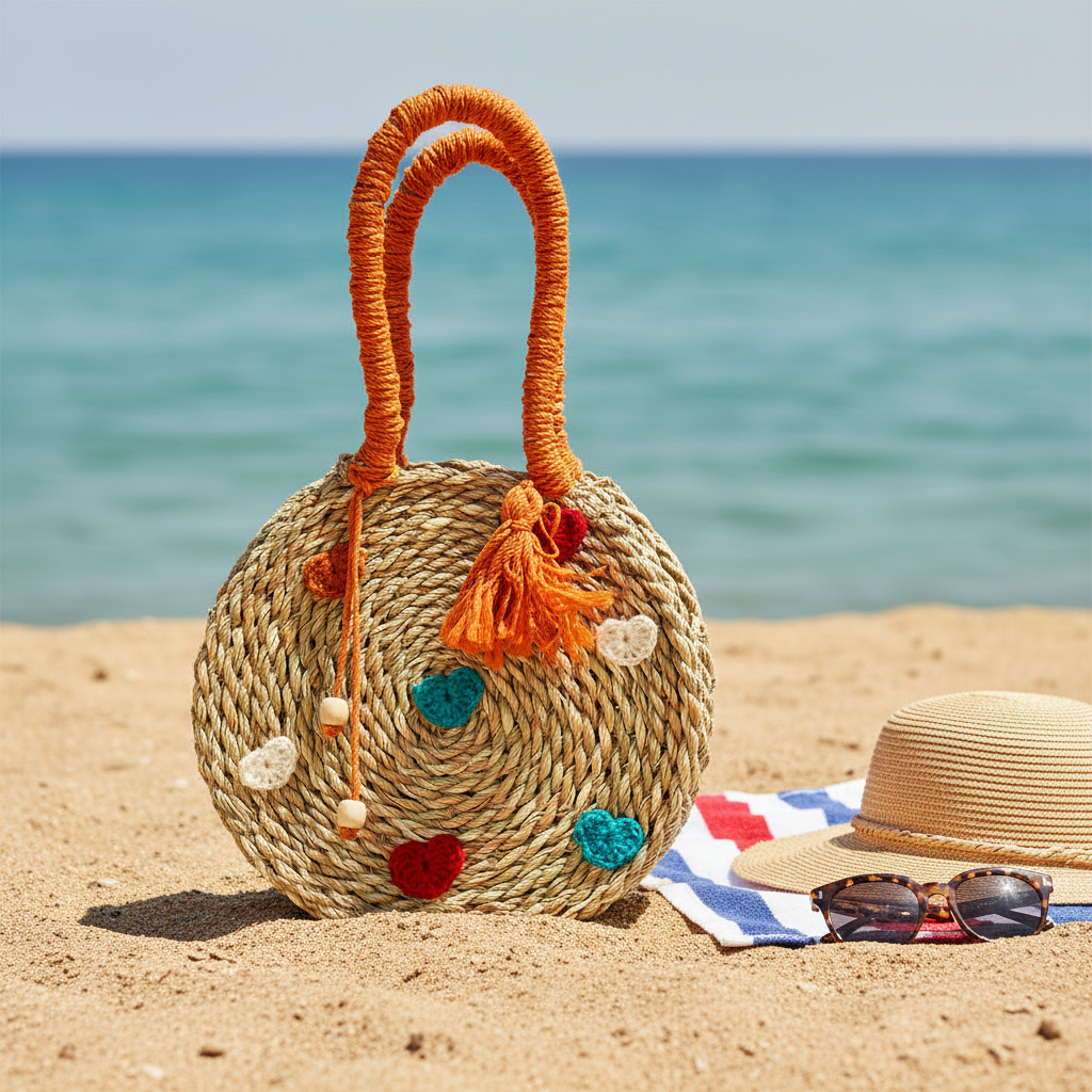 Halfa round bag in Orange Joy with pom-pom trim — Khoos