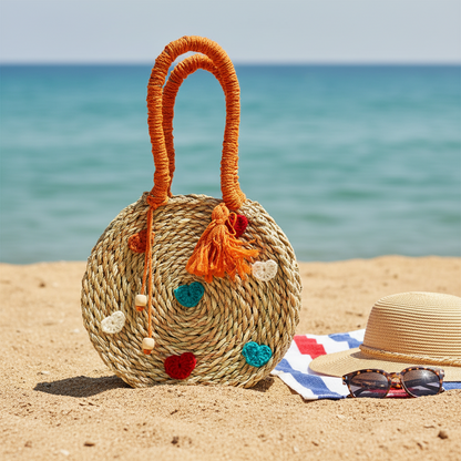Halfa round bag in Orange Joy with pom-pom trim — Khoos